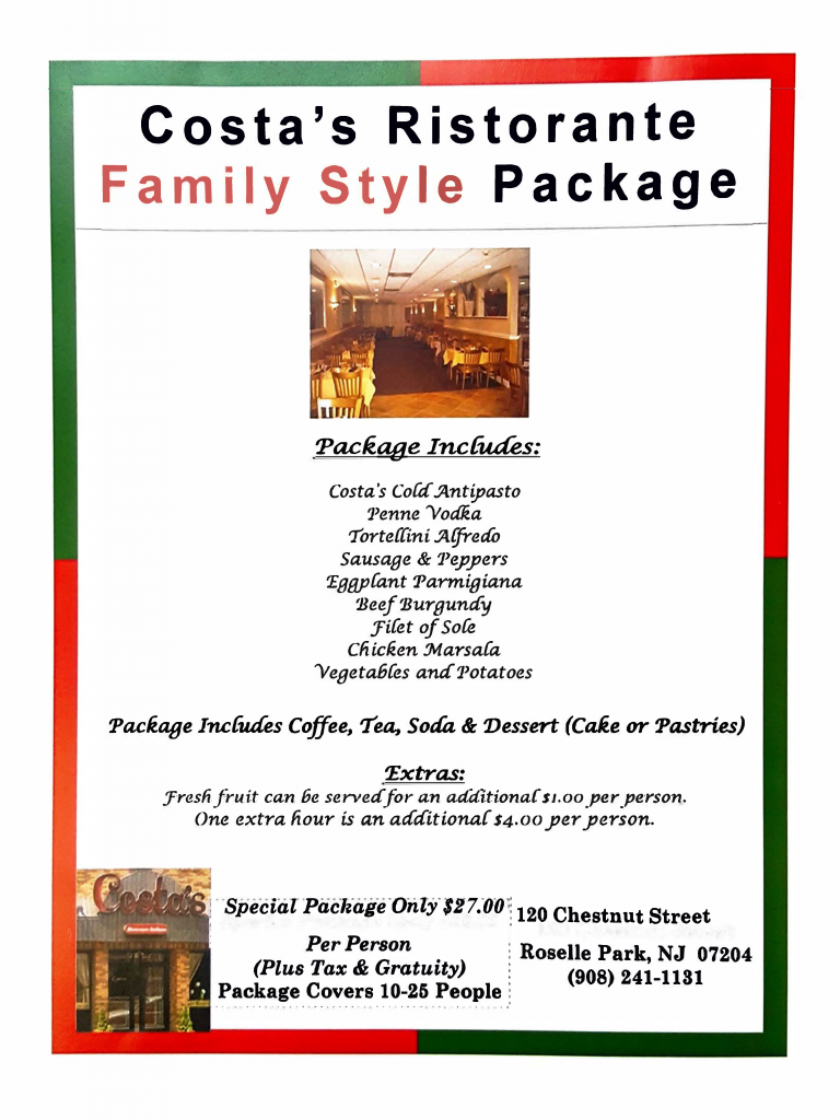 Family Style Catering Package Costa's Restaurant & Pizzeria